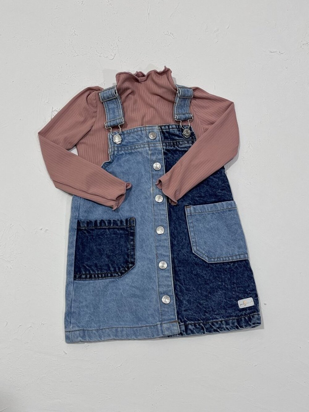 Girls Denim Patchwork Overall Dress with Pink Blouse Set Size 3T